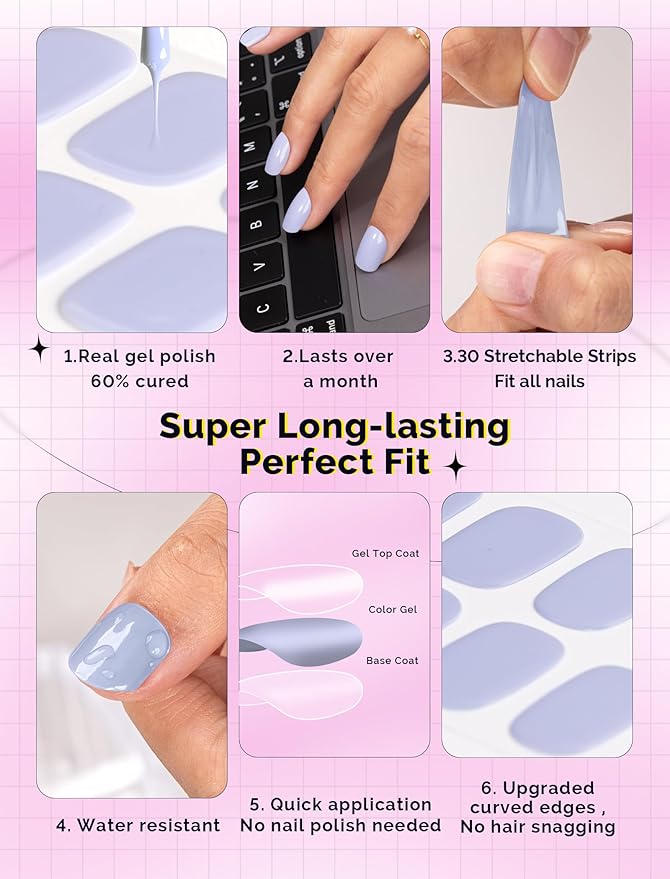 MelodySusie Semi Cured Gel Nail Strips,Misty Blue, Works with Any Nail Lamps, Salon Quality, Long Lasting, Easy to Apply and Remove, Includes 30Pcs, 2 Prep Pads, Nail File and Wooden Stick