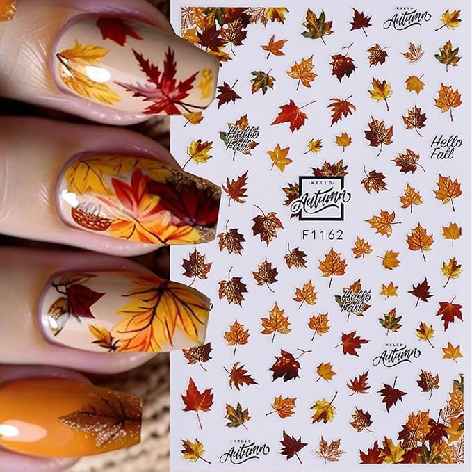 Fall Nail Art Stickers Decals 3D Autumn Maple Leaf Nail Stickers Self-Adhesive Nail Art Supplies 6PCS Autumn Leaves Deer Fall Nails Design Manicure Sliders for Women Thanksgiving Day Nail Decorations