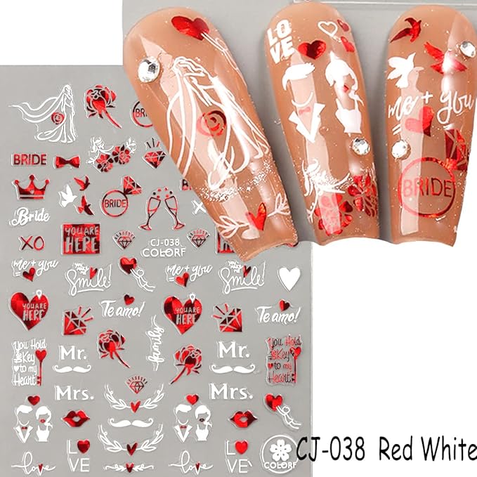 Valentines Day Nail Art Stickers Decal Red Heart Nail Sticker Valentines Nail Decorations 3D Self-Adhesive Red White Rose Love Heart Lip Nail Design for Acylic Nail Manicure Decor 6sheets