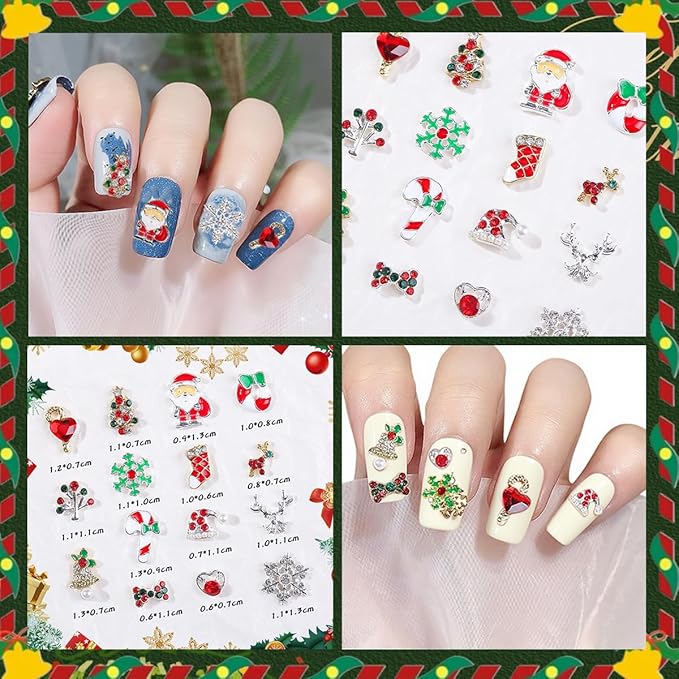 30Pcs Christmas Nail Charms and Gems 3D Metal Snowflakes Elk Candy Nail Jewelry Rhinestone Supply Winter Christmas Tree Socks Santa Claus Nail Art Charms for Women DIY Xmas Nails Decoration Supply