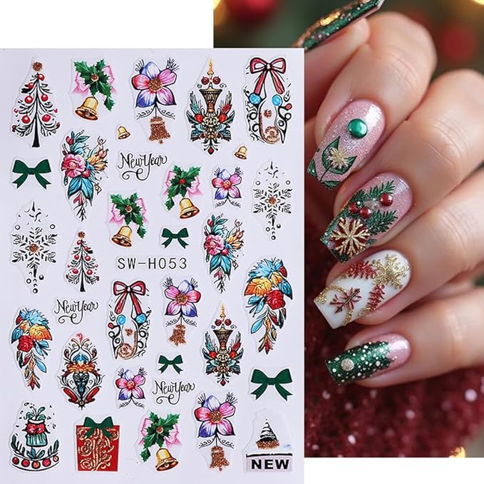 4Pcs Christmas Nail Stickers Santa Claus Snowman Nail Decals DIY Self Adhesive Christmas Tree Poinsettia Flowers Colored Lights Design Nail Decoration Supplies Holiday Manicure Accessories for Women