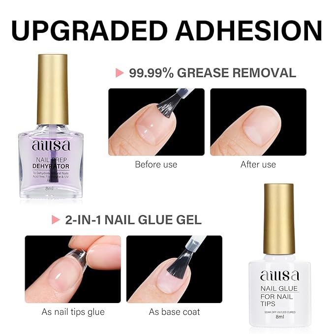 AILLSA Gel Nail Kit Short Square Nail Tips 240pcs with 2 In 1 Nail Glue Base Coat and Nail Dehydrator, Gel Manicure Full Nail Kit with Nail Lamp Top Coat for Starters Home Salon