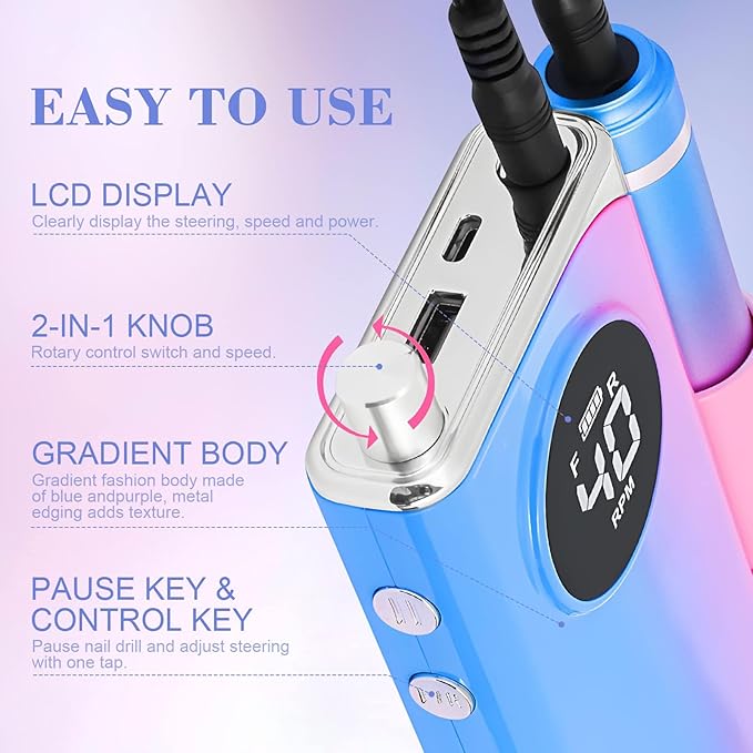 SAVILAND Electric Nail Drill 40000RPM Nail Drill Professional Machine with Nail Kit Portable Electric Nail File Electric for Nail Supplies Rechargeable Manicure Pedicure Salon Home