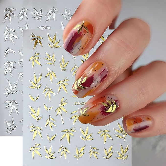 5 Sheets Fall Nail Art Stickers Autumn Maple Leaf Nail Decals 3D Self-Adhesive Thanksgiving Day Maple Leaf Nails Decals with Gold White Orange Green Leaves Nail Stickers for Women Manicure Decoration