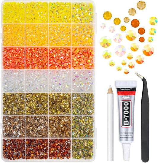28 Types Yellow Jelly Resin Rhinestones w B7000 Jewelry Glue for Bedazzling Crafting 3mm-6mm Flatback Colorful Orange Golden AB Stones Gems Diamonds for Nails Face Eyes Makeup Crafts Tumblers