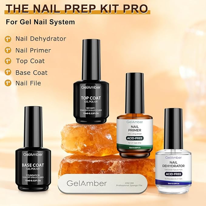 4Pcs 15ml Nail Primer and Dehydrator with Gel Base and Top Coat Set, Nail File, Acid-Free Glossy Durable Long-Lasting Finish Home DIY Nail Salon Nail Prep Kit Gift