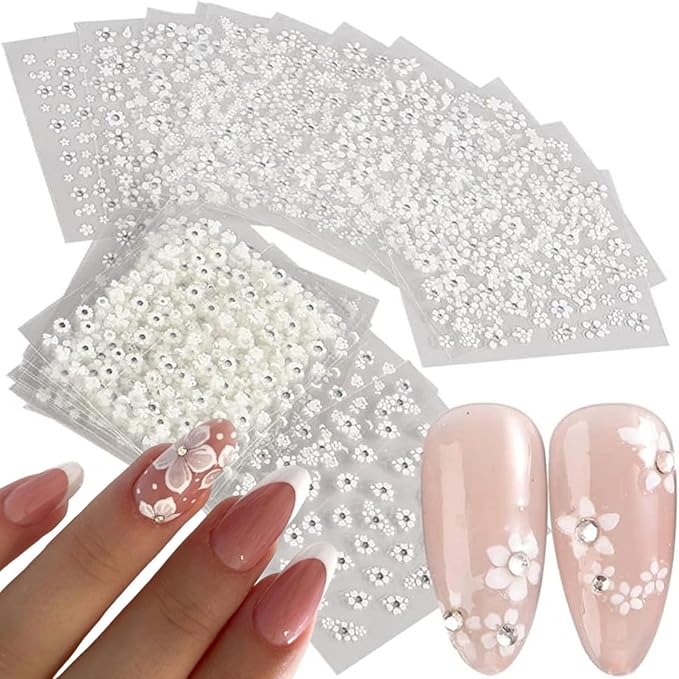 30 Sheets White Rhinestone Flower Nail Art Stickers 3D Self-Adhesive Flower Nail Stickers Design Holographic Small Flowers with Rhinestones Suitable for Women Nail Art Decoration