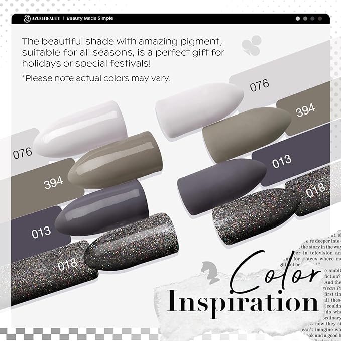 AZUREBEAUTY Dip Powder Nail Kit Starter, Light & Dark Grey Black Glitter Sparkle, 4 Colors Dipping Powder Set All Seasons, French Nail Art Base Top Coat Activator Liquid Manicure DIY Salon 12 PCS