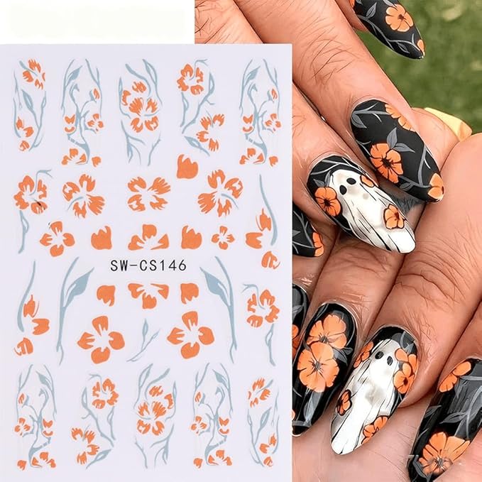 Halloween Nail Stickers Ghost Nail Decals DIY Self Adhesive Orange Black Floral Nail Design Cute Nail Decoration Supplies Holiday Manicure Accessories for Women Girls 6Pcs