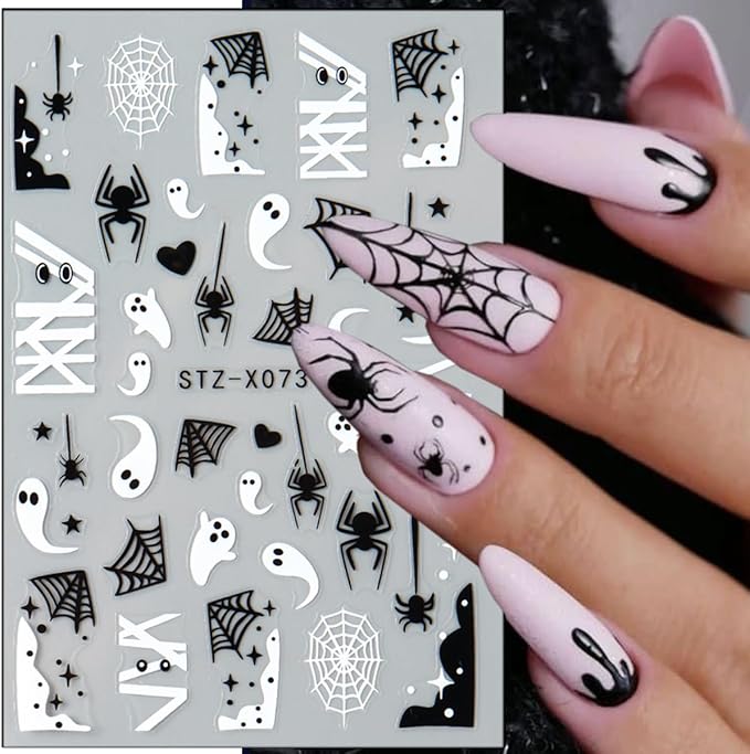 6 Sheets Halloween Nail Stickers Cute Ghost Nail Decals 3D Spider Web Goth Nail Design Sticker Scary Bloody Spider Nail Art Stickers French Manicure Decals Decoration for Women Holiday Salon Supplies