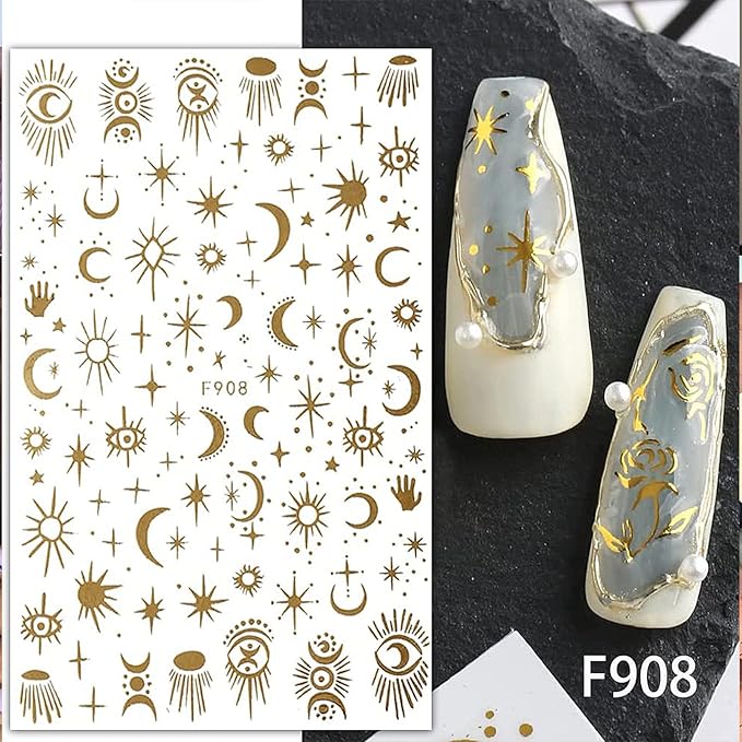 6 Sheet Gold Nail Stickers Black Snake Eyes Leaf Nail Art Stickers 3D Self-Adhesive Bronzing Sun Star Decals Starlight Nail Design Sticker for Acrylic Nail Supplies Women Nail Decorations