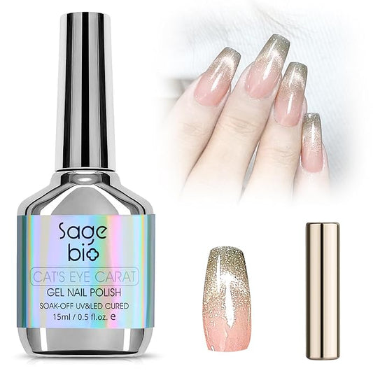 Cat Eye Gel Nail Polish with Magnet Stick, 15ml Glitter Holographic Nail Polish, Magnetic Effect Gel for Home DIY Manicure Gift, Brown Gold