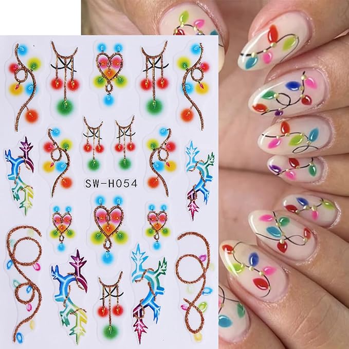 3 Sheets Christmas Nail Art Stickers Flower Nail Decals with Xmas Tree Elk Colored Light Snowflakes Design 3D Self-Adhesive Nail Stickers Acrylic Nail Supplies for Women DIY Christmas Decorations
