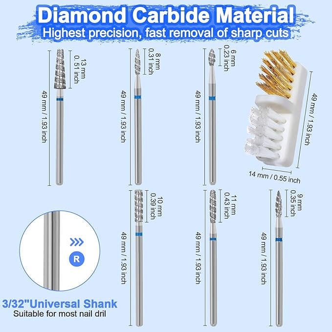 Diesisa 6 Pack Nail Drill Bits for Acrylic Nails, Diamond Carbide Nail Clipper Heads with Diamond Spiral Grooves, 3/32 Inch Cutter Attachment for Nail Preparation, Cuticle and Dead Skin Removal-Blue