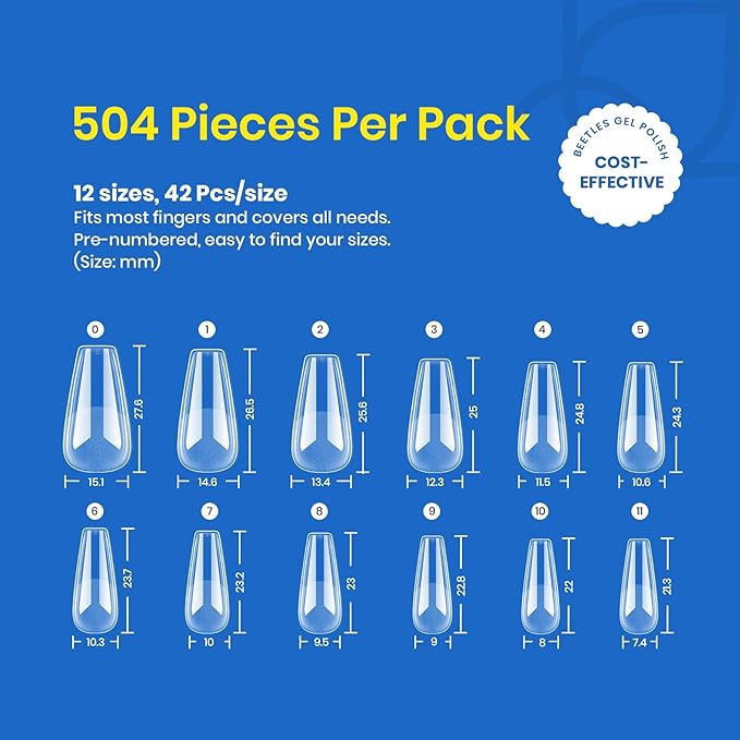 Beetles Coffin Medium Nail Tips - 504 Pcs Easy Press On Nails, Matte Finish, Pre-Shaped for Gel Art Polish
