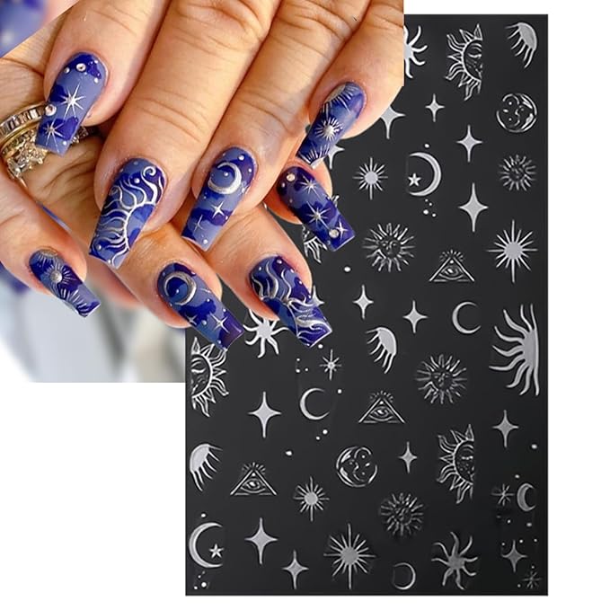 8 Sheets Gold Sun Nail Art Stickers - Sliver Moon Star Self-Adhesive 3D Nail Decals for DIY Golden Slivery Manicure