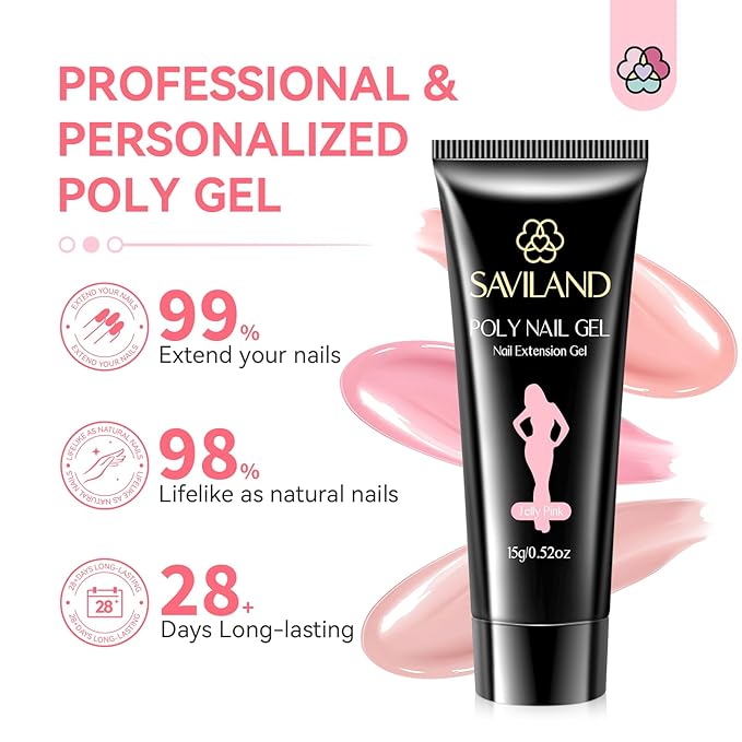 Saviland All-in-1 Poly Gel Nail Kit：6 PCS Nail Extension Kit with 220W U V Light Slip Solution Base & Top Gel Dual Forms U V Gloves for Home Salon