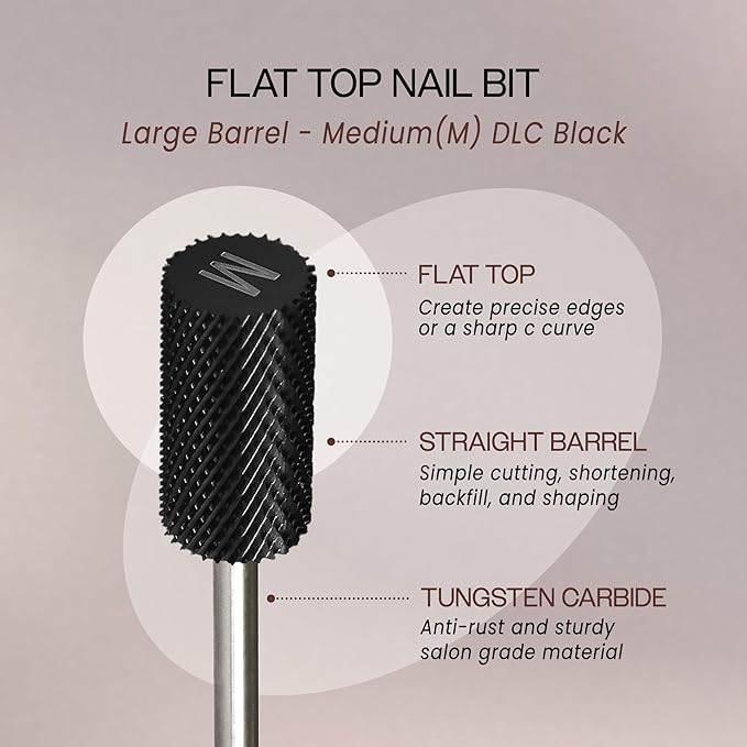 PANA Professional 3/32" Shank Size - Flat Top Large Barrel Carbide Bit - Nail Drill Bit for Dremel Machine (Silver, Gold, DLC Black) (Medium, DLC Black)