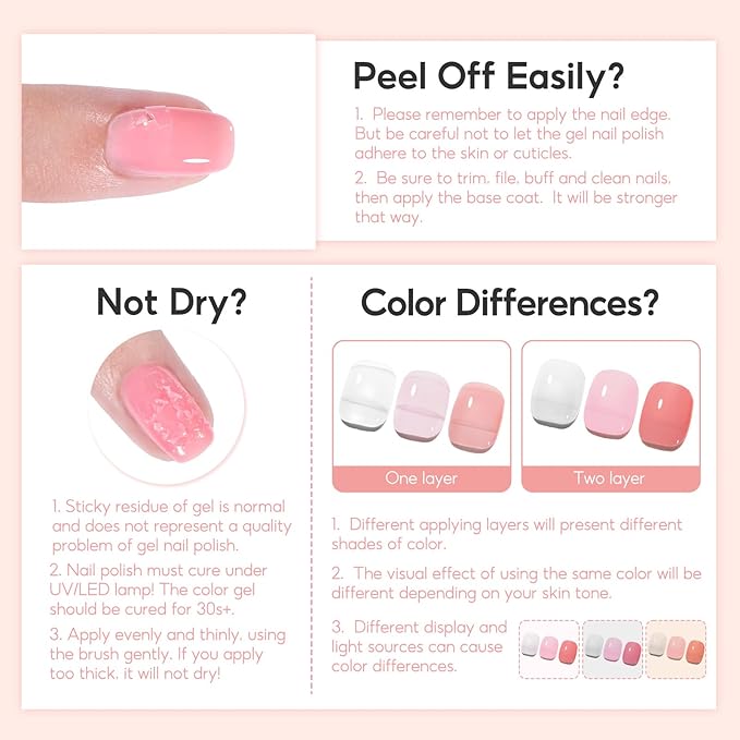 Peacecolor Jelly Gel Nail Polish Set 10ML 6pcs Pink Nude White Sheer Transparent Colors Soak Off Gel Polish Nail Art Manicure Gifts for Women Salon DIY at Home