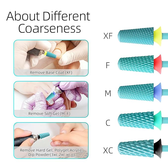 Safety Tapered Nail Drill Bit, Green Coated Tungsten Carbide Rounded Barrel Nail Bits for Thick Gel & Acrylic Removal, Manicure Tools Pro Electric File Drill Accessories, XC