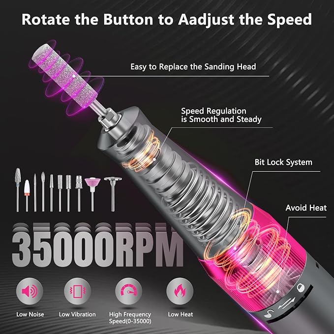 OWill Electric Nail Drill Professional, 35000RPM Rechargeable Machine With LED Display, Portable Electric File for Salon Home Kits, Pink