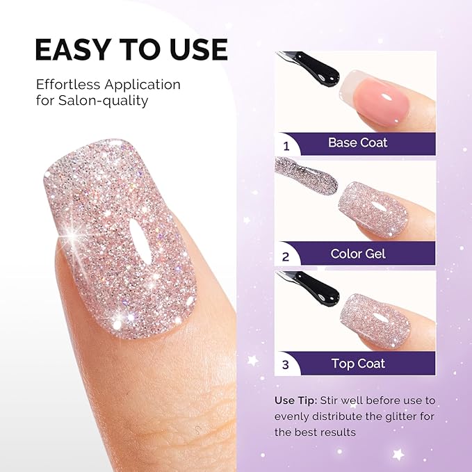 MelodySusie Galaliver Glitter Gel Nail Polish, 15ML Sparkly Shimmer Gel Polish Soak Off UV LED Cured Long Lasting Gift for Women DIY Nail Design Nail Art Manicure Bright Pink X04