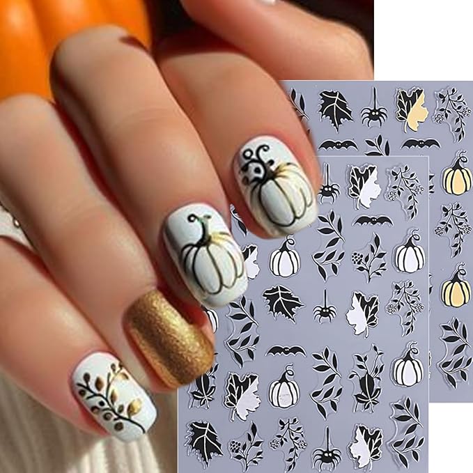5Pcs Fall Nail Art Stickers Gold Sliver Pumpkin Maple Leaf Nails Decals 3D Self Adhesive Glitter Ghost Spider Web Spider Design Halloween Nail Stickers Holiday Nails Supplies for Women Salon Manicure