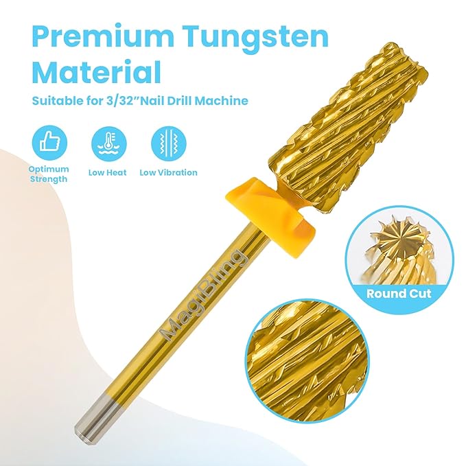 Professional 5 in 1 Tapered Nail Drill Bits, 3/32'' Safety Tungsten Carbide Bits, Remove Gel Fast Left & Right Hand Use, Easy for Beginner, Technicians Bits, Gold, Double Coarse.