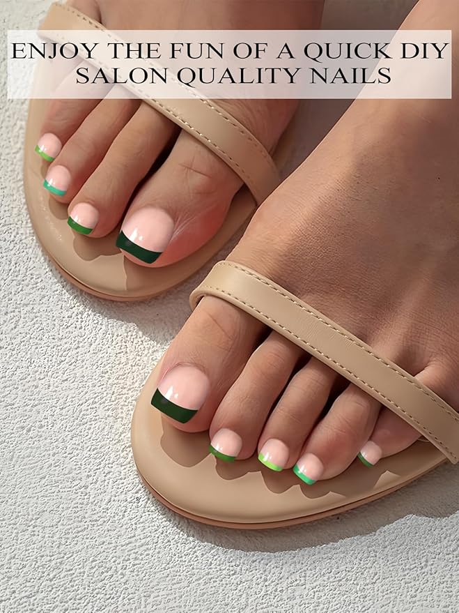 EBANKU 52Pcs Semi-Cured Gel Nail Strips Toes, Green Deep French Gel Nail Strips for Toes, Long-Lasting French Manicure Stickers Salon Nails at Home Requires UV Light with Nail File&Stick