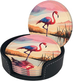 6 Pcs Pink Cute Flamingo Modern Art Boho Leather Coasters - Image 2