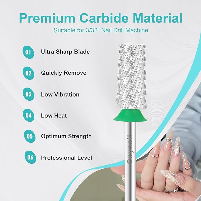 3/32" Large Tapered Barrel Flat Bit Tungsten Carbide Nail Drill Bit Safety Bit for Gel & Acrylic Removal, 2- Way Rotating Efile Tip, Salon Electric File Accessory (C Girt, Silver)