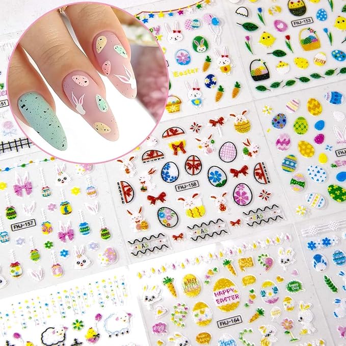 30 Sheets Easter Nail Art Stickers Rabbit Nail Sticker 3D Self-Adhesive Nail Decals Cute Cartoon Bunny Egg Nail Art Design for Women Girls Kids Nails Art Decorations Manicure Accessories