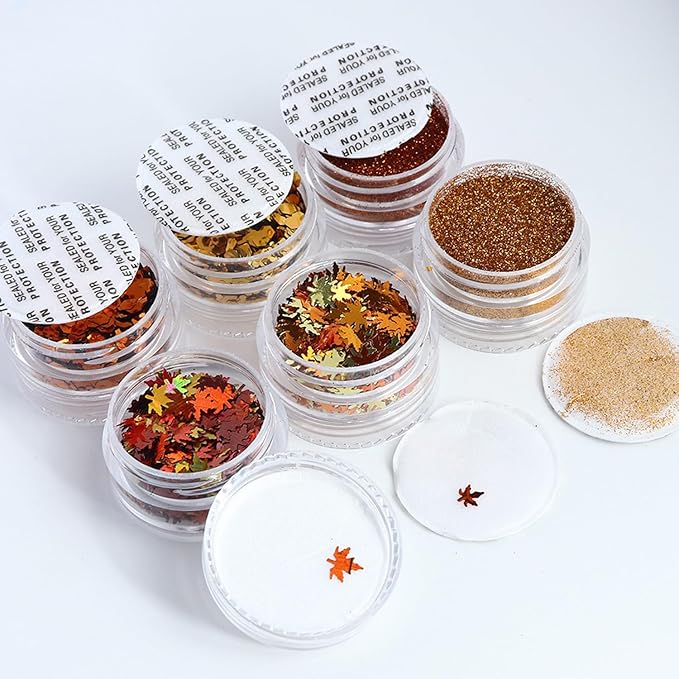Fall Nail Art Glitter Maple Leaf Nail Sequins Flakes, 2 Colors Manicure fine Glitter Powder, 3D Holographic Orange Red Nail Stickers Decals Supplies Nail Charms for Women Girls 6 Box