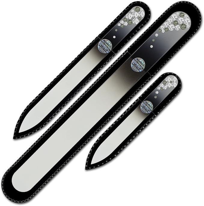 Mont Bleu Set of 3 Glass Nail Files Hand Decorated with Crystals - Handmade Gifts - Czech Tempered Glass - Crystal Nail Files for Natural Nails - Premium Nail Filer Kit