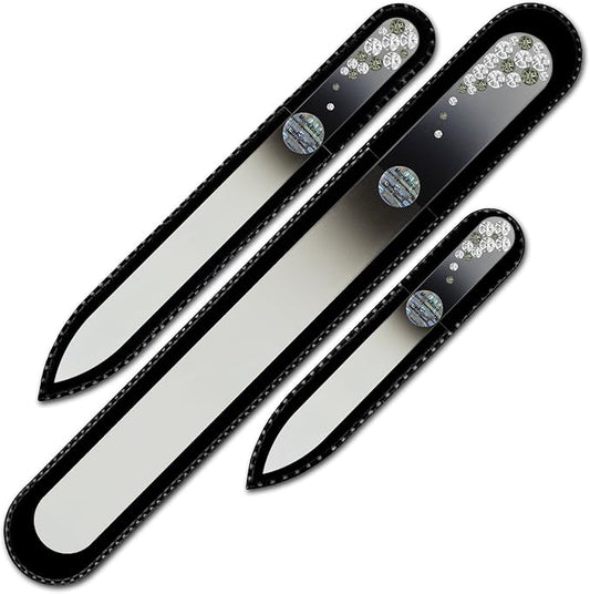 Mont Bleu Set of 3 Glass Nail Files Hand Decorated with Crystals - Handmade Gifts - Czech Tempered Glass - Crystal Nail Files for Natural Nails - Premium Nail Filer Kit