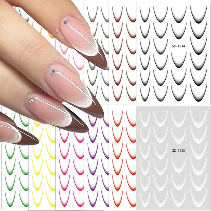 12Sheets Gradient French Line Nail Stickers, Colorful Stripes Line Transfer Decals Curved Lines Nail Art Designs Self-Adhesive Nail Tips Guides Fashion Nail Accessories Gel Polish Wraps Stencil Tools