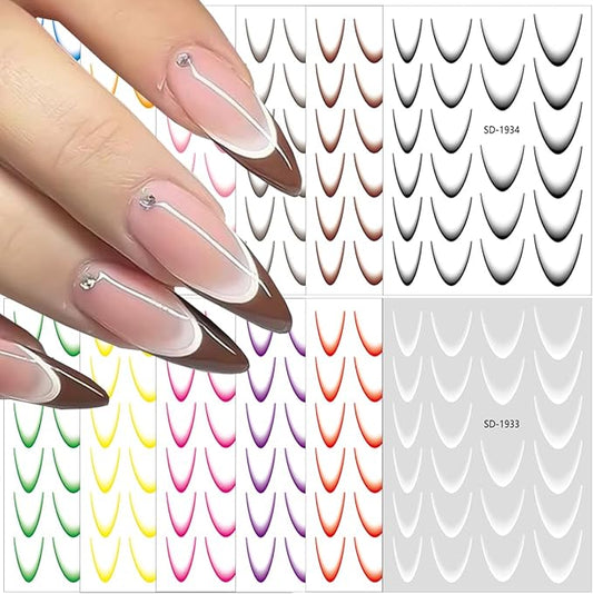 12Sheets Gradient French Line Nail Stickers, Colorful Stripes Line Transfer Decals Curved Lines Nail Art Designs Self-Adhesive Nail Tips Guides Fashion Nail Accessories Gel Polish Wraps Stencil Tools