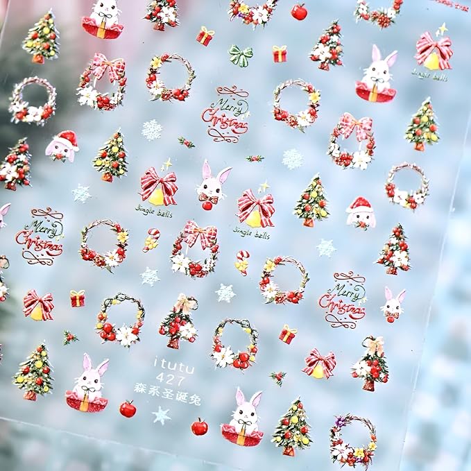 Christmas Nail Stickers for Nails Art Gold Nail Stickers Christmas Tree 5D Self-Adhesive Bow Nail Decals Winter Nails Art Cute Rabbit Nails Design Decoration Accessories for Women and Girls