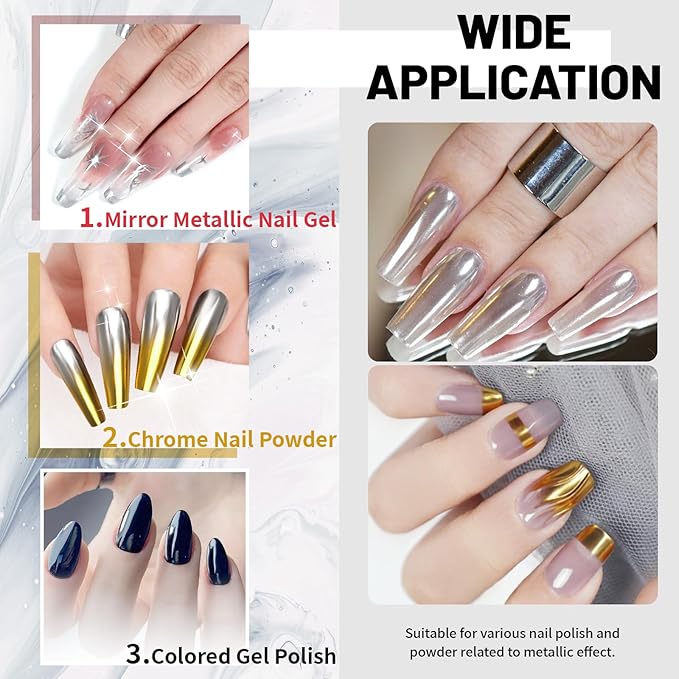 15ml Top Coat and Base Coat Set for Metallic Mirror Painting Gel, No Wipe Clear Top and Base Coat for Nail Polish, Chrome Nail Powder