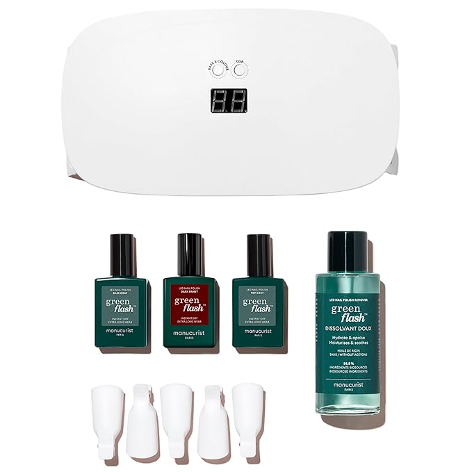 MANUCURIST Green Flash Slim LED Nail Gel Kit Gift Box : 24W LED Lamp, Base Coat, Top Coat, Dark Pansy Polish, Polish Remover & Clips - Gel Nail Kit with Uv Light - Christmas Gifts for Women