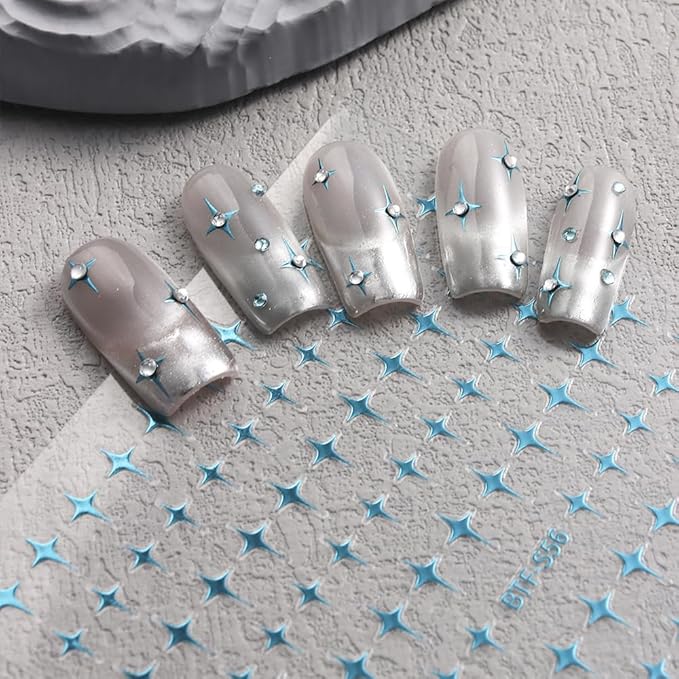 Nail Stickers - Blue Green Star Rhinestone, Minimalist Design, Self-Adhesive for Nail Art A Set of 2 Sheets