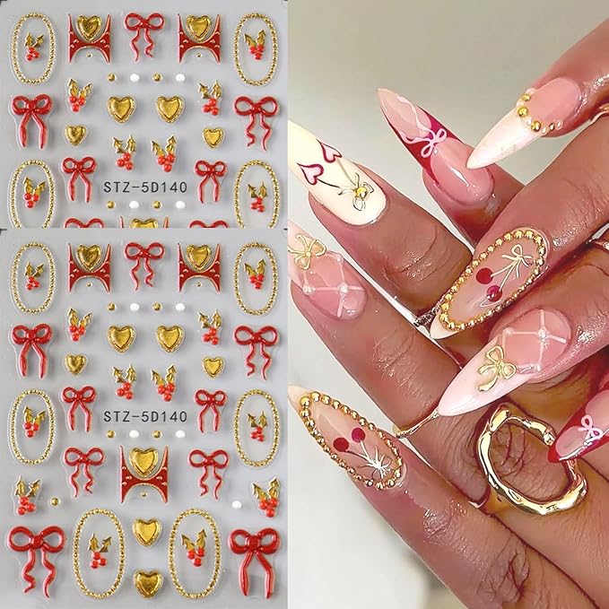 2Sheets Christmas Nail Art Stickers 5D Embossed Holly Nail Decals with Gold Beads Frame Designs Nail Stickers Self-Adhesive Red Bow Nail Decal Gold Heart Nail Sticker for Women Nails Decor Supplies