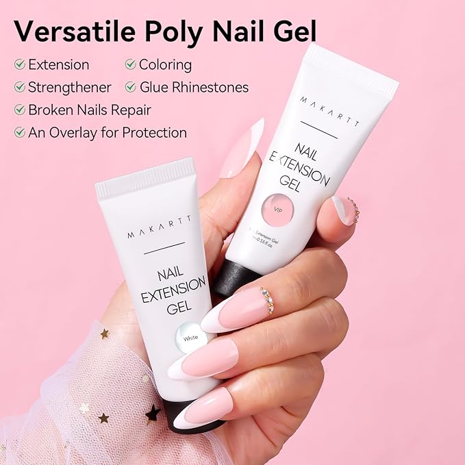 Makartt Poly Nail Gel French Manicure Kit : White Pink Hard Gels for Extension 15ML, UV LED Nail Lamp, Base Top Coat, Dual Forms, 100/180 Nail File, Silicone French Nails Stickers, All in One Set