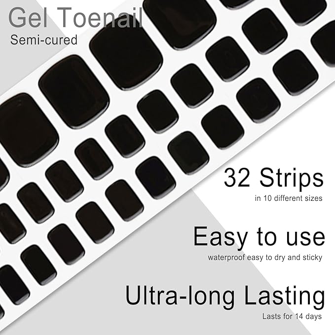Semi Cured Gel Toenail Strips, 32 Black Gel Toenail Stickers - Works with Any UV Lamps Pedicure Strips Full Nail Wraps with Nail File & Wood Stick
