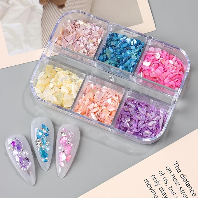6 Grid Colorful Shell Glitter Sequins Nail Accessories Mix 6 Colors Manicure Shell Nail Art Glitter Flakes 3D Nails Supplies Jewelry Studs Nail Decoration Kit Suitable for Women Sparkly Acrylivc Nail