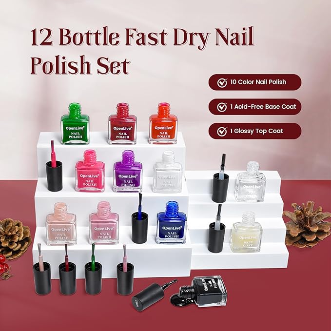 12 PCS Nail Polish Kit With 10 Colors As 2 PCS BASE And TOP Coat Green Blue Red Pink Collection Gifts for Women.