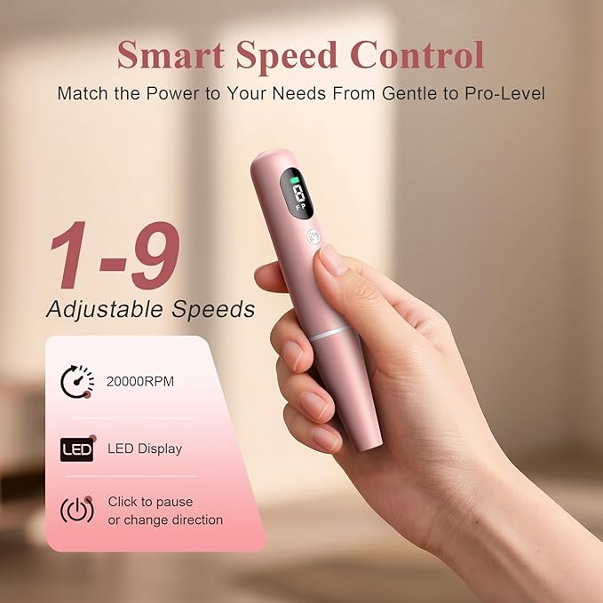 Cordless Nail Drill Kit - 9 Speed Wireless Electric Nail File with LED Display, Portable Nail Drill Machine for Acrylic Gel Nails, Rechargeable 20000RPM Hand Feet Grind Trim Tool for Women Men Baby