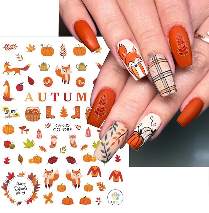 6 Sheets Fall Nail Stickers for Nail Art 3D Cute Turkey Pumpkin Nail Art Stickers Autumn Maple Leaf Sunflower Design Thanksgiving Nail Decals Nail Art Supplies for Women Acrylic Manicure Decoration