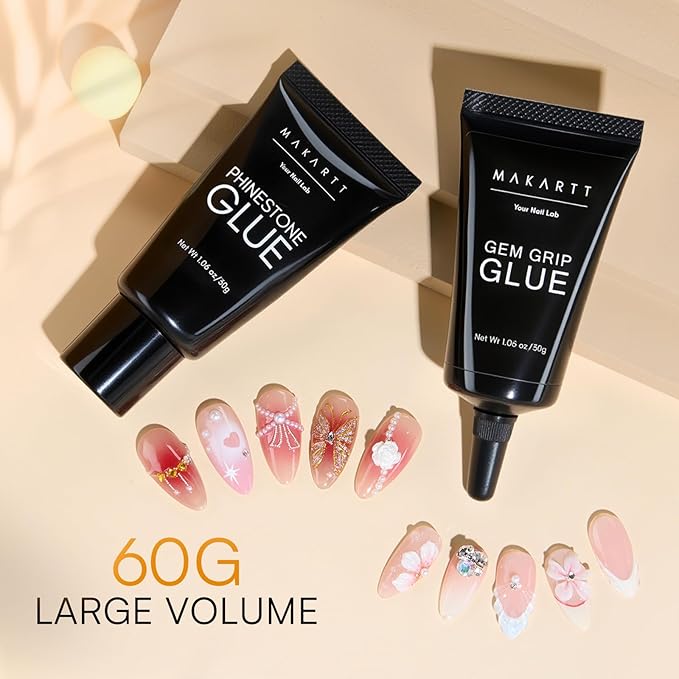 Makartt Nail Rhinestone Glue Gel Set: 60g 3D Super Strong No Wipe Nail Glue for Charms Gems Crystals Beads Decorations DIY Beginners & Salon UV Lamp Needed (2PCS Low & Medium Viscosity)