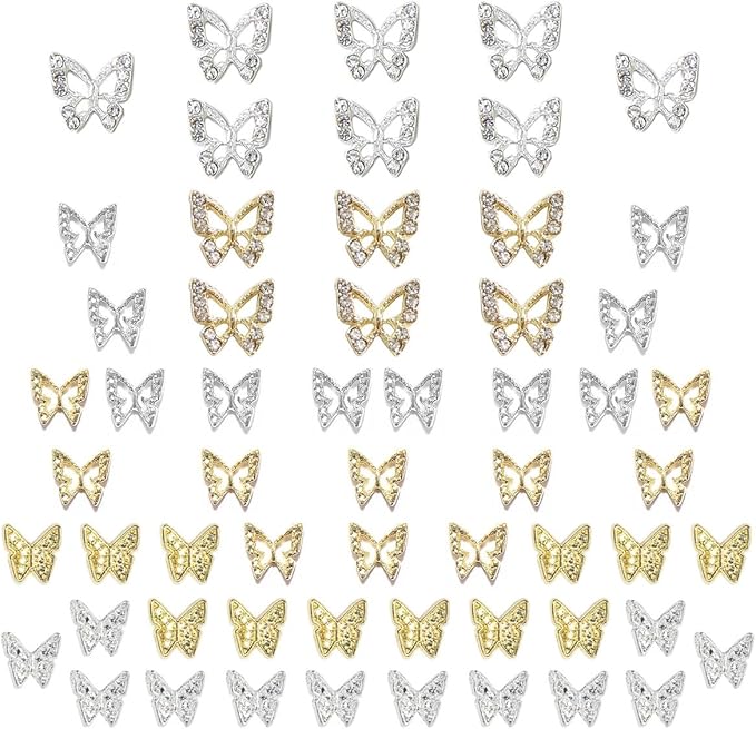 Butterfly Nail Charms, 58pcs 3D Golden Silver Butterfly Charms for Acrylic Nails, 14 Butterflies Nail Rhinestones Gems Charms +44 Alloy Studs, Nail Art Crystals Diamonds Decor Supplies for Nails DIY